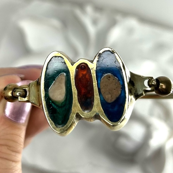 Artisan Made in Greece Inlay Stones Brass Bangle - Picture 5 of 16